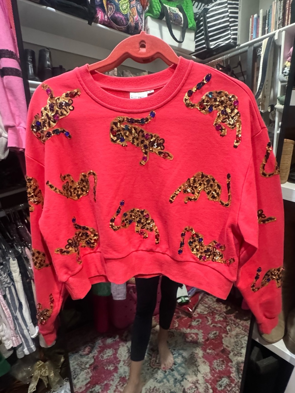 QUEEN OF SPARKLES Red Leopard Sequin Sweatshirt & Shorts Set - Picture 2 of 5